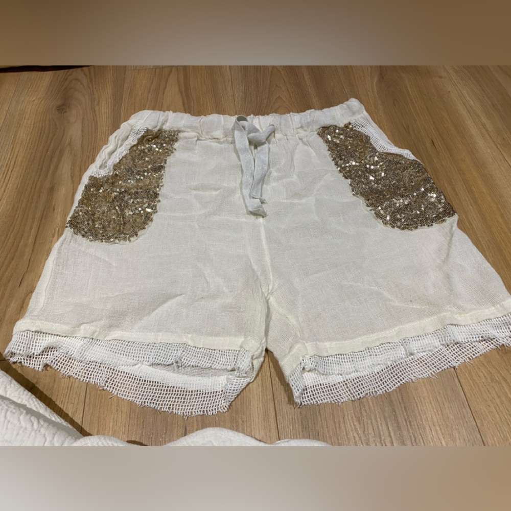 Angela Mara Italy Linen & Cotton Shorts with Gold Sequins
